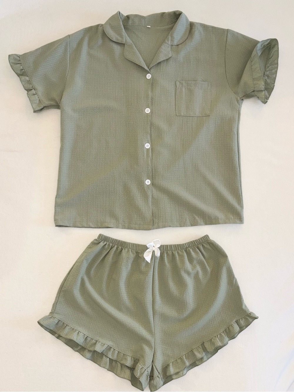 Sage Green Ruffle 2-Piece Pajama Set Button Front Top & Shorts L